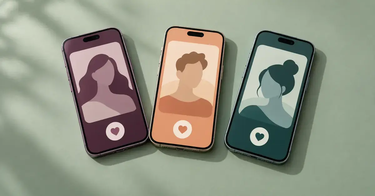 Tre mobiltelefoner med ulike, fiktive datingprofiler og hjerteknapper ligger på en lysegrønn flate.