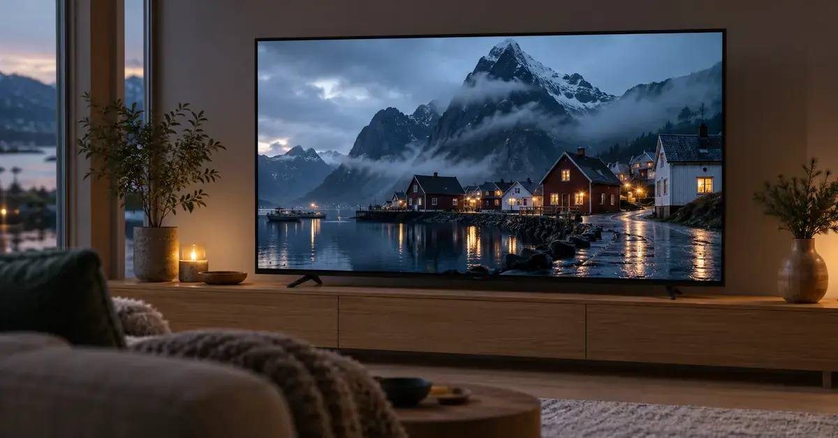 En TV i en lun stue viser et stemningsfullt norsk kyststed med trehus og tåkekledde fjell.