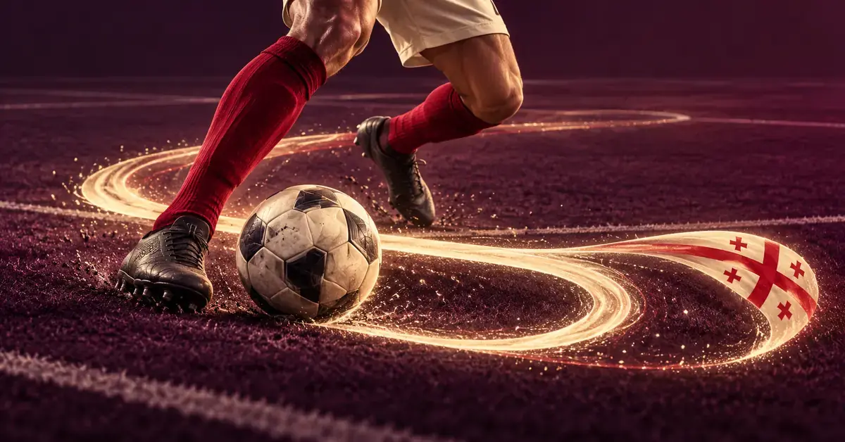 Illustrasjon av en fotballspillers bein i en dribling, med et gyllent lysspor og det georgiske flagget på en mørk lilla bane.