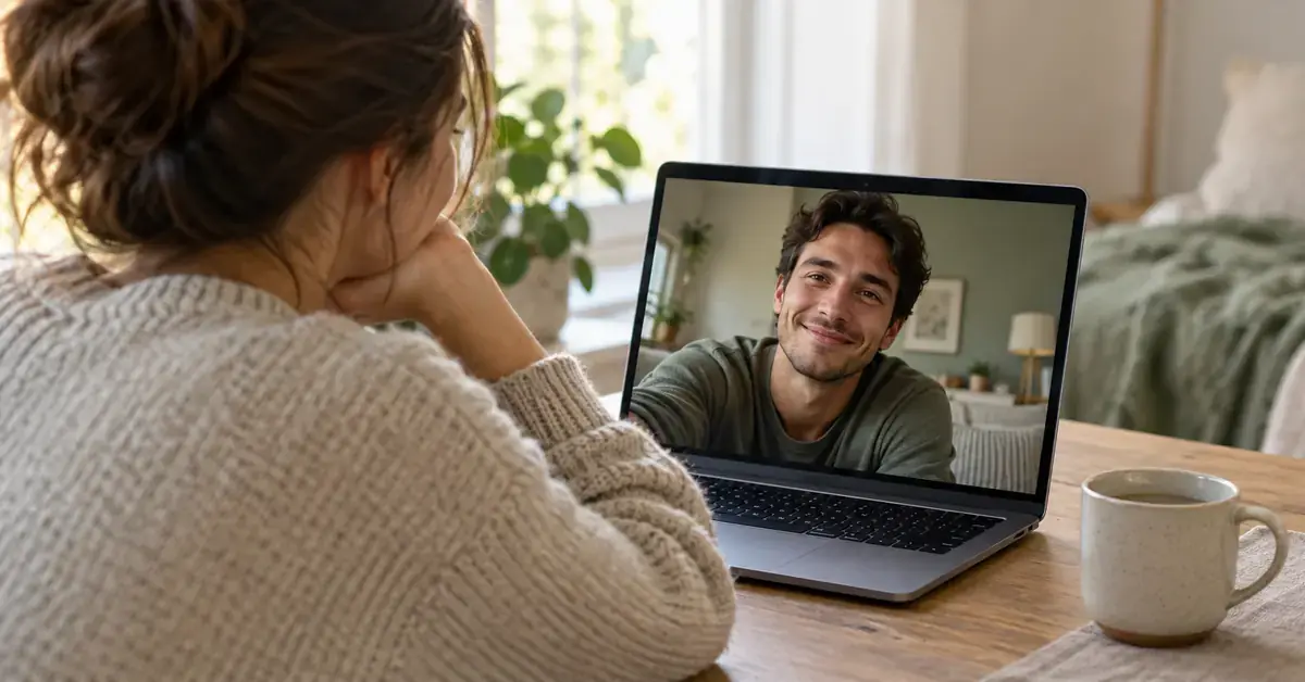 En kvinne har en videosamtale med sin smilende kjæreste på en bærbar datamaskin hjemme.