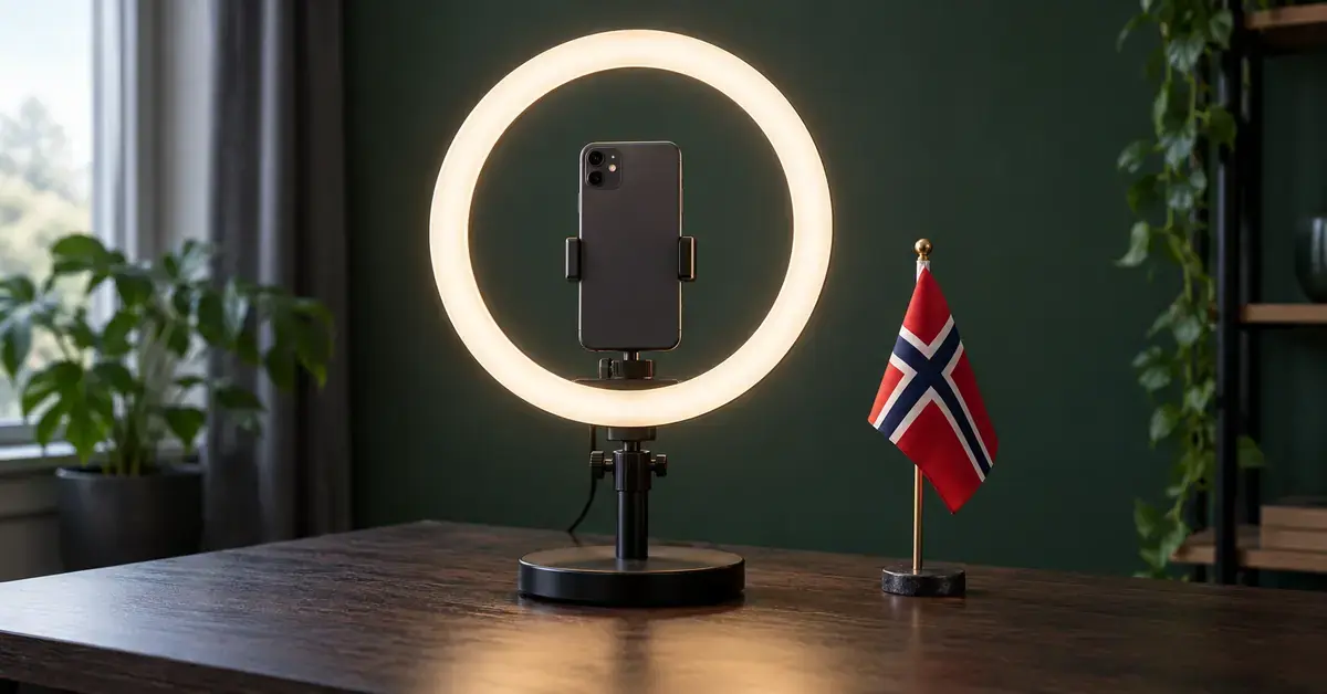 En mobiltelefon i et lysende ringlys står på et trebord ved siden av et norsk flagg i et moderne hjemmestudio.