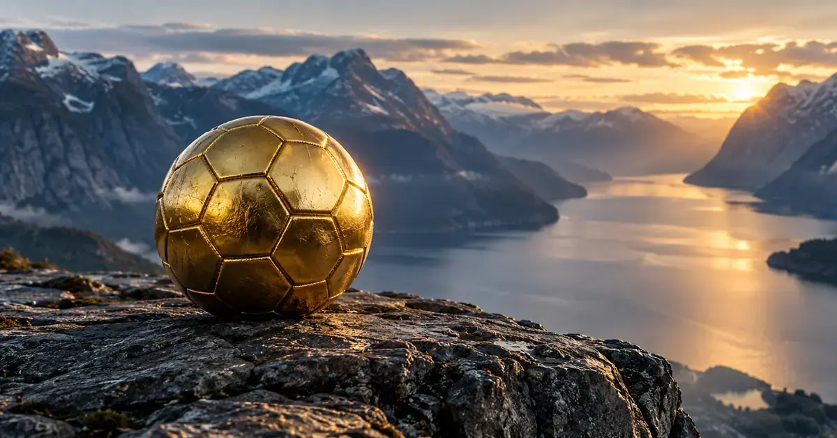 En gyllen fotball ligger på en fjellhylle med utsikt over en norsk fjord og snødekte fjell i solnedgang.